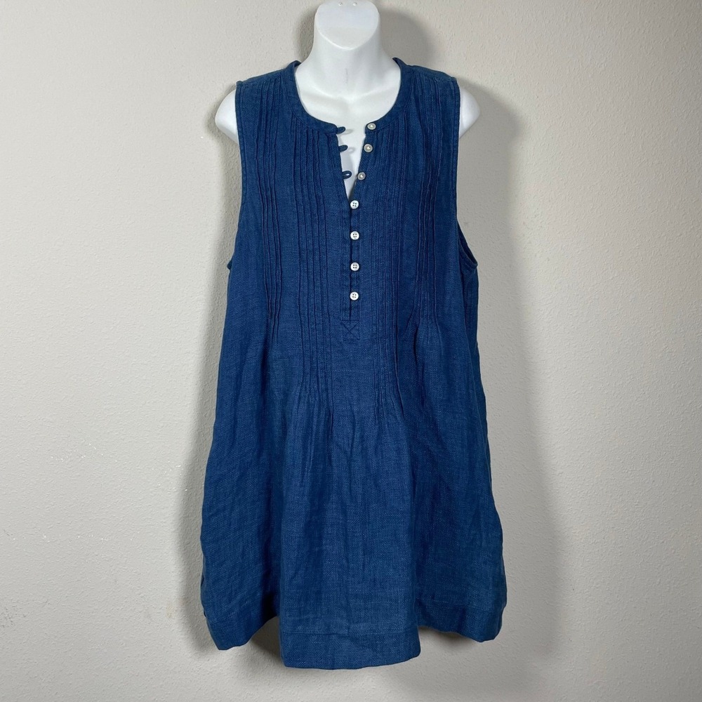 Faherty Linen Shift Dress Women L Coastal Resort Blue Indigo Dyed Pockets Casual